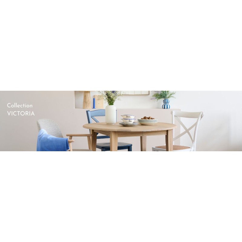Table ronde extensible en chêne/grège 4/6 places D105 pieds fuseau VICTORIA
